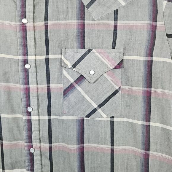 Ely Plains Men's XL Pearl Snap Short Sleeve Shirt Gray Windowpane WITH PINHOLES‎ - Picture 4 of 13